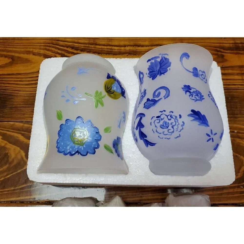 Lot of 2 Hallmark Hurricane Candle Holders Set Votive Blue Yellow In box